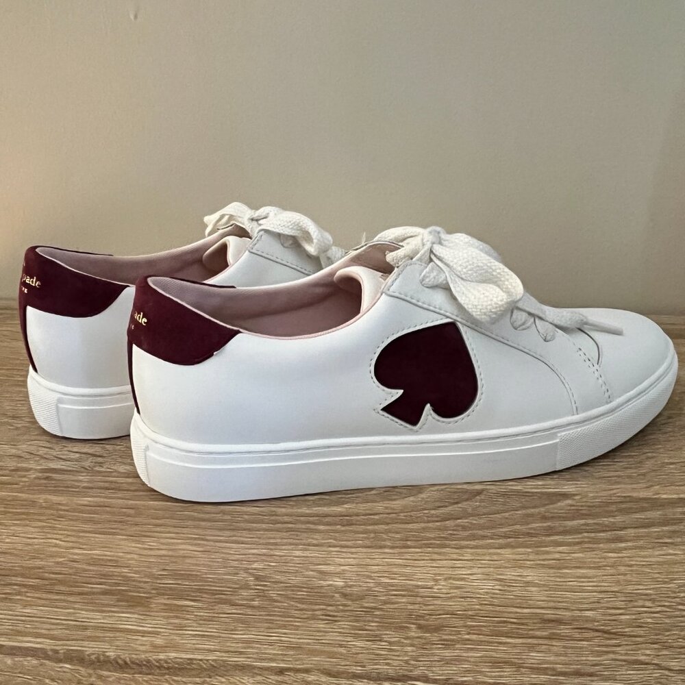 KATE SPADE 'FEZ' LEATHER SNEAKER, BURGUNDY SUEDE ACCENTS, SIZE 10; NEVER WORN!